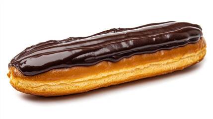 Freshly baked chocolate eclair with a smooth glaze on a plain background