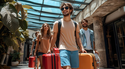 Young group of tourists with suitcases arriving at youth hostel guest house - Happy friends enjoying summer vacation together - Millenial people doing check-in at hotel lobby