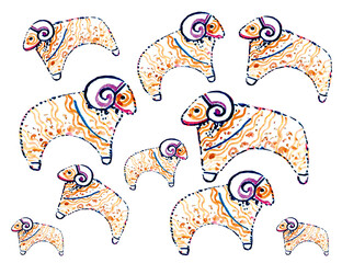 Set of decorative lambs of different sizes. Isolated on white background. Stylized illustration. The sheep are filled with an ornament of waves, dots, and lines. Blue, orange, purple colors. Outline.