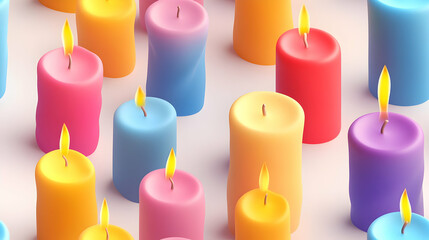 3D Candle Patterns: Cartoon Style Candles with Varying Heights and Colors for Seamless Background Design Symbolizing Light and Warmth on Yalda Night