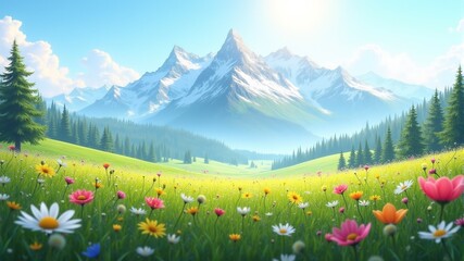 Fototapeta premium a field of flowers in front of a mountain with the sun shining through the clouds.