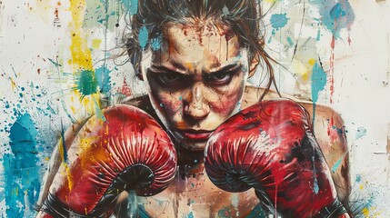 Young female boxer training in a modern gym, athletic woman practicing boxing techniques, empowering sports action mixed media artwork