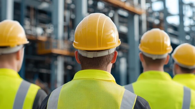 A group of workers in hard hats and reflective vests observes construction activities at a site, emphasizing safety and teamwork.
