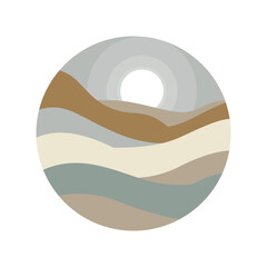 An abstract design of logo that depicts rolling hills and sun in calm tones for psychological or mental related purposes