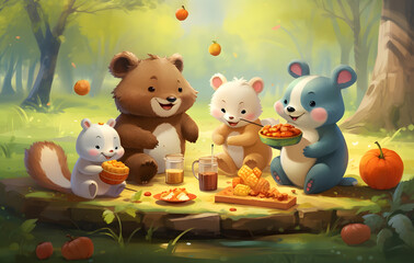 Naklejka premium Animal family, cartoon, cute, wild animals are having a picnic in the forest, having fun.