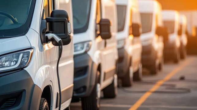 A line of electric vans parked, plugged in for charging during sunset, showcasing modern transportation solutions.