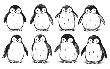 Naklejka premium Set of cute penguin line drawing illustrations