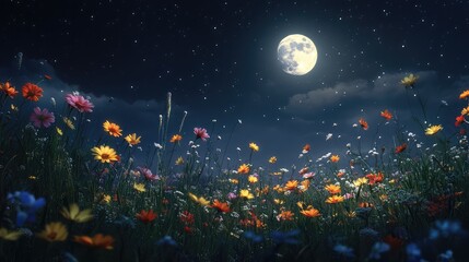 Naklejka premium A wildflower meadow under the moonlight, with the full moon shining down and flowers gently swaying in the breeze