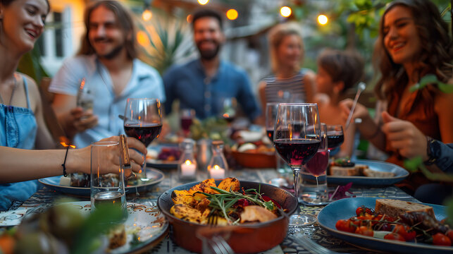 Young people enjoying delicious barbecue dinner party drinking red wine - Multiracial family having diner time together outside - Happy friends eating fresh food sitting at restau
