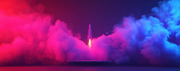 Obraz premium Rocket Launch Through Pink and Blue Clouds