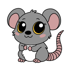 Zodiac Chinese rat animal of New Year sign icon. Asian kawaii cute style isolated illustration of mascot hamster. Adorable grey mouse with big eyes stay and smiling on the white background.