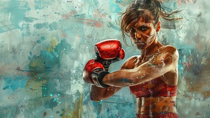 Young female boxer training in a modern gym, athletic woman practicing boxing techniques, empowering sports action mixed media artwork