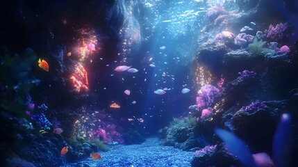 90. A magical underwater cave with shimmering lights and colorful fish