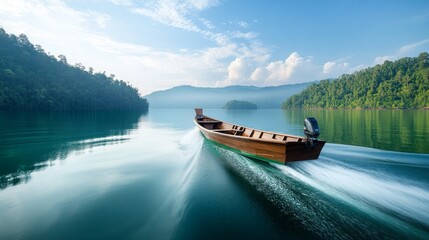 Fototapeta premium Serene Boat Ride on Tranquil Lake at Sunrise
