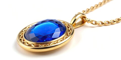 Description: Gold pendant with blue stone isolated on white background