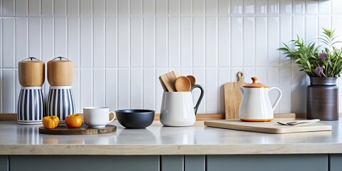 Obraz premium Contemporary kitchen with white tiles and wooden utensils.