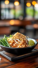 Pad Thai on traditional Thai platter, garnished with lime, bean sprouts, and peanuts, decorative and authentic.