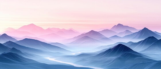 Abstract mountains and river valleys merging into soft, pastel gradients, representing untouched natural landscapes