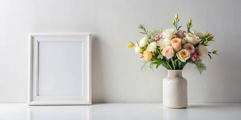 Fototapeta premium Description: Long shot white frame adjacent to vase with flowers arrangements