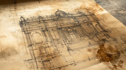 Obraz premium Aged architectural blueprint for a Victorian museum, meticulously detailed on crumbling, worn paper, with faded ink and torn edges