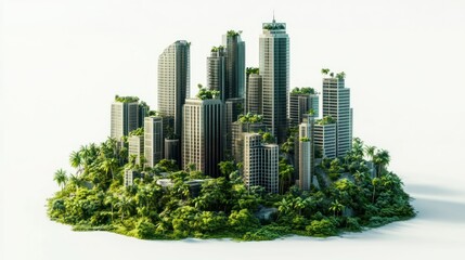 A Lush, Greenery-Covered Skyscraper City on an Isolated Island