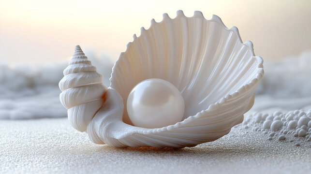 Delicate white seashell cradles a pristine pearl on a sandy beach at twilight