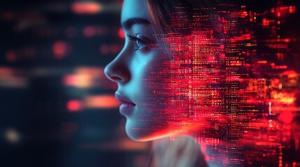  AI cyber security threat illustration, school student learning data coding information technology, augmented reality artificial intelligence collage, side profile, copy space 