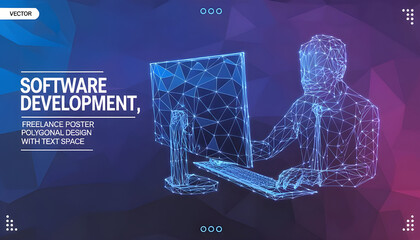 Computer technology low poly wireframe banner vector template. Software development, freelance poster polygonal design with text space. A person working with desktop PC 3d mesh art with connected dots