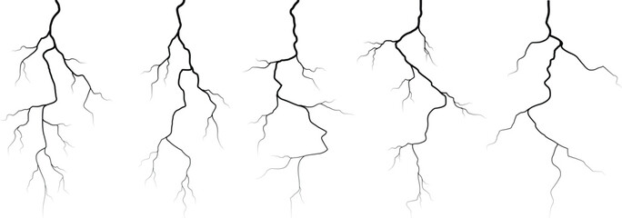 Vector lightning silhouettes set. Thunderstorm design. Vector illustration	
