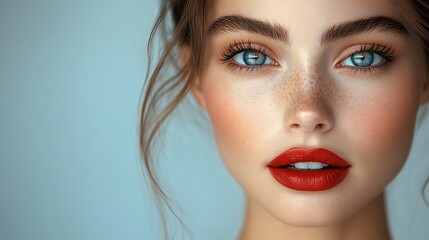 Close-up portrait of a beautiful woman with blue eyes and red lipstick.