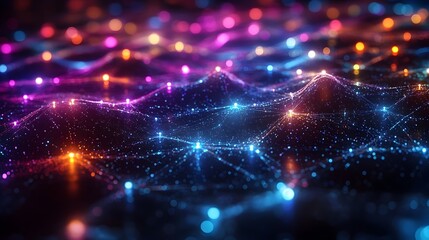 Obraz premium Radiant Holographic Network:Glowing Multicolor Nodes and Connections in Futuristic Data Web