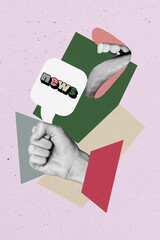 Composite trend artwork sketch image photo collage of fake breaking news hand hold speech cloud...