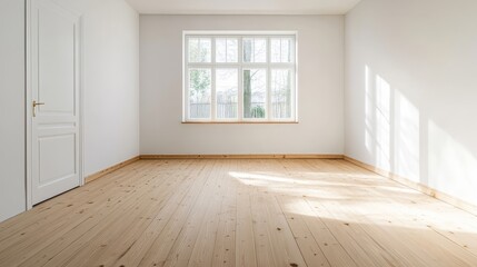 Fototapeta premium Bright Empty Room with Wooden Floor and Large Window