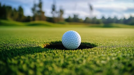 Obraz premium A close-up view of a golf ball resting near the hole on a beautifully manicured green, perfect for golf enthusiasts.