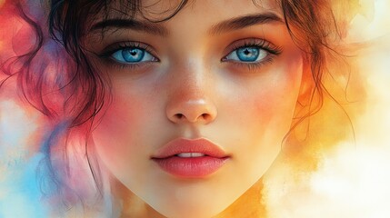 Portrait of a young woman with vibrant eyes and colorful background.