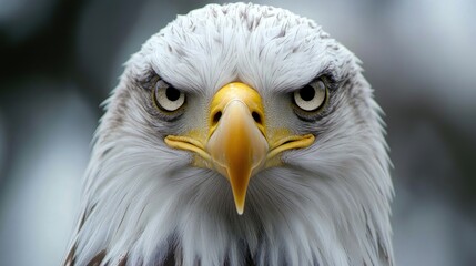 Naklejka premium Close-Up View of a Majestic Eagle with Intense Eyes and Sharp Beak