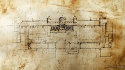 Obraz premium Architectural plans for a Victorian hospital, displayed on old, crumpled paper, with ink fading and parchment yellowed by time