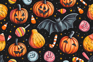 Halloween symbols, pumpkin, bat, candy, pattern, hand drawn illustrations