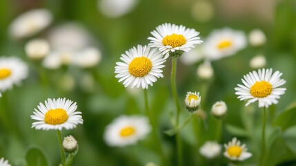 Fototapeta premium Vibrant daisies blooming in a lush green field during a sunny summer day in a rural setting, showcasing nature's beauty
