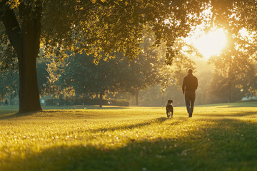 Fototapeta premium Person walking a dog in a park during a beautiful day