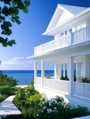 A stunning beachside house with a white facade, surrounded by lush greenery and flowers, offering picturesque ocean views under a clear blue sky.