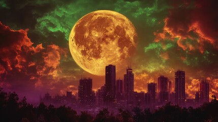 Carnival of terror, harvest moon high above, dystopian skyline looming, with fiery orange clouds streaking across purple and green skies