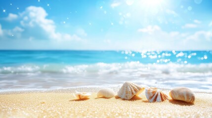 A serene beach with golden sand, blue sky, and gentle waves creates a tranquil summer scene.