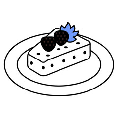 A colorful plate with a chocolate brownie. Top with strawberries and blueberries.