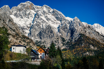 Autumn light on the Carnic Alps. Monte Coglians, Forni Avoltri and its colorful woods