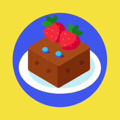 A colorful plate with a chocolate brownie. Top with strawberries and blueberries.