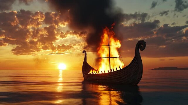 Viking Ship Burning at Sunset