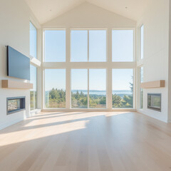 Fototapeta premium A large, open living room with a fireplace and a flat screen TV