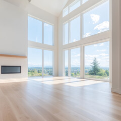 A large open living room with a fireplace and a view of the mountains