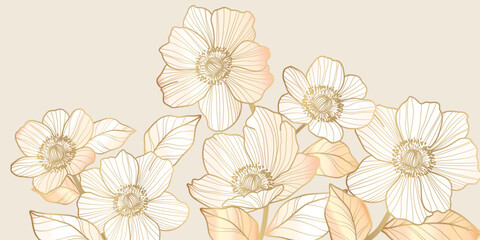 Luxury golden poppy flower line art on beige background vector. Natural botanical elegant flower with gold line. Design illustration for decoration, wall decor, wallpaper, cover, banner.